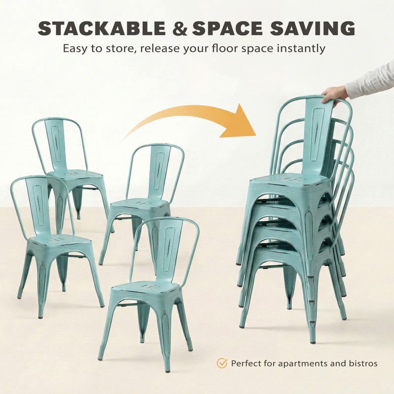 VINEEGO Metal Dining Chair Indoor-Outdoor Use Stackable Classic Trattoria Chair Fashion Dining Metal Side Chairs for Bistro Cafe Restaurant Set of 4 (Distressed Blue)