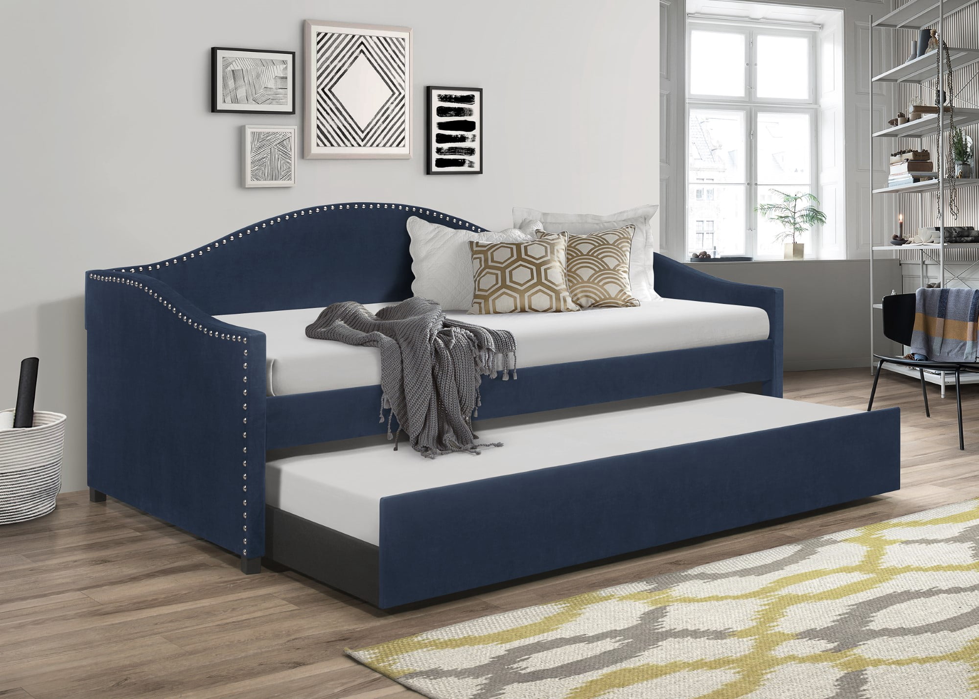 Home Design Nora Twin Daybed with Upholstered Frame, Camelback Backrest, Arched Arms, Nailhead Trim, and Pull-Out Trundle, Stylish Guest Bed, Blue