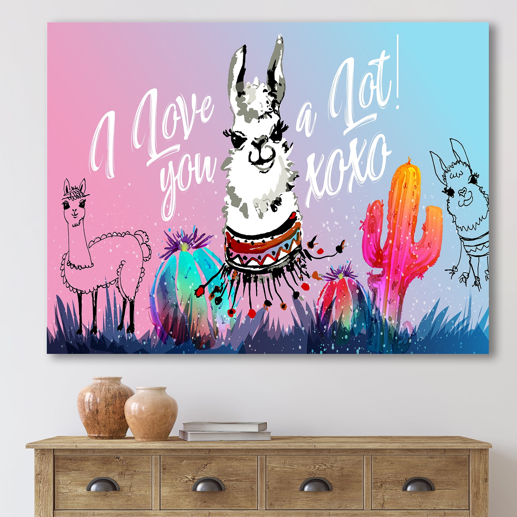 Designart ' I Love You A Lot Llama Alpaca Cartoon Portrait ' Children's Art Canvas Wall Art Print