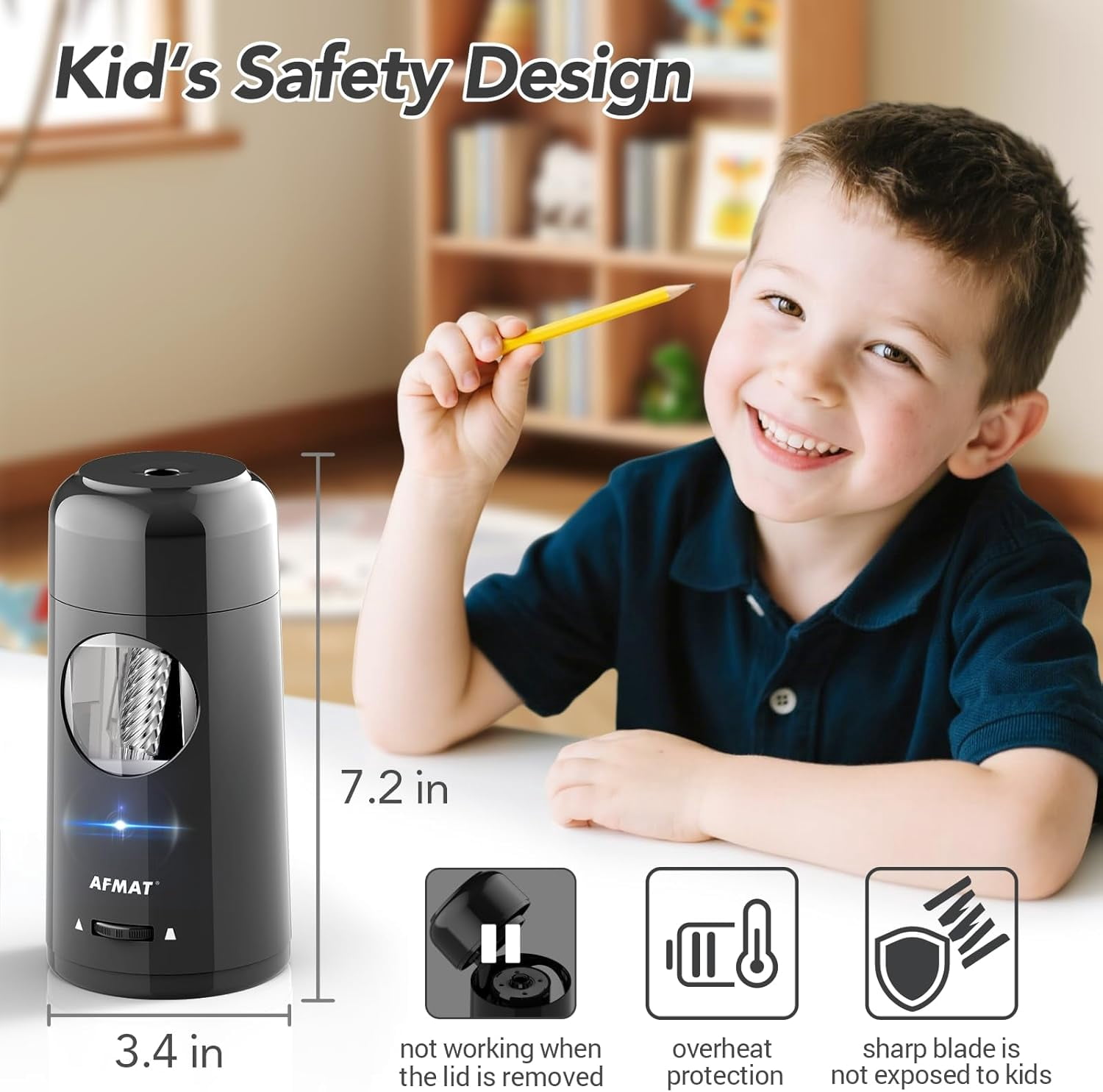 AFMAT Electric Pencil Sharpener, Rechargeable Fully Automatic Pencil Sharpener for Jumbo & Colored Pencils (7-11.5mm), Auto in/Out, Hands-Free, Portable for Home/Classroom/Office,Black