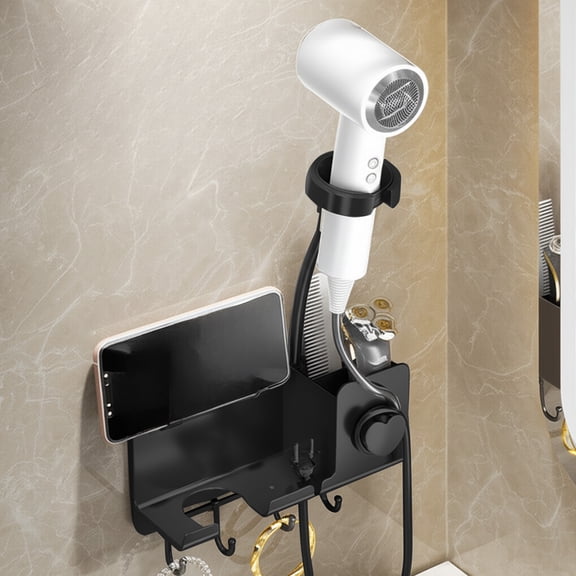 Fzsteel Hair Dryer Wall Mount No Drill Installation 360 Adjustable Storage X Phone Holder Space Saving Heavy Duty 5KG Capacity 46x23x10cm Bathroom Organizer