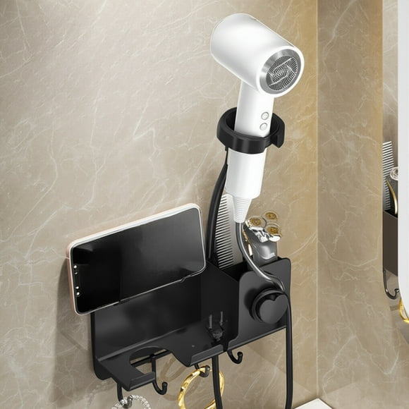 Soporte de pared para secador de pelo de baño, multifuncional, grueso, sin taladro, ahorra espacio, con gancho y soporte para teléfono.
