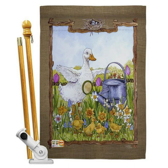 Breeze Decor BD-BI-HS-105046-IP-BO-D-US16-AL 28 x 40 in. Duck & Duckies Garden Friends Birds Impressions Decorative Vertical Double Sided House Flag Set & Pole Bracket Hardware