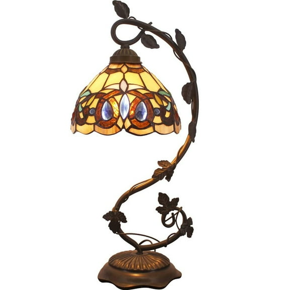 Bedside Lamp, Tiffany Table Lamp Banker Stained Glass Victorian Shade 21" Metal Leaf Thin Desk Reading Light for Small Space Bedroom, Living Room, Dresser, Kids Office WERFACTORY LED Bulb Better