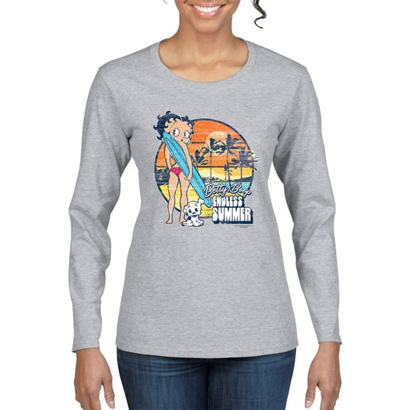 Wild Bobby, Betty Boop Endless Summer Beach the Dog Betty Boop Womens Long Sleeve T-Shirt, Heather Grey, Large