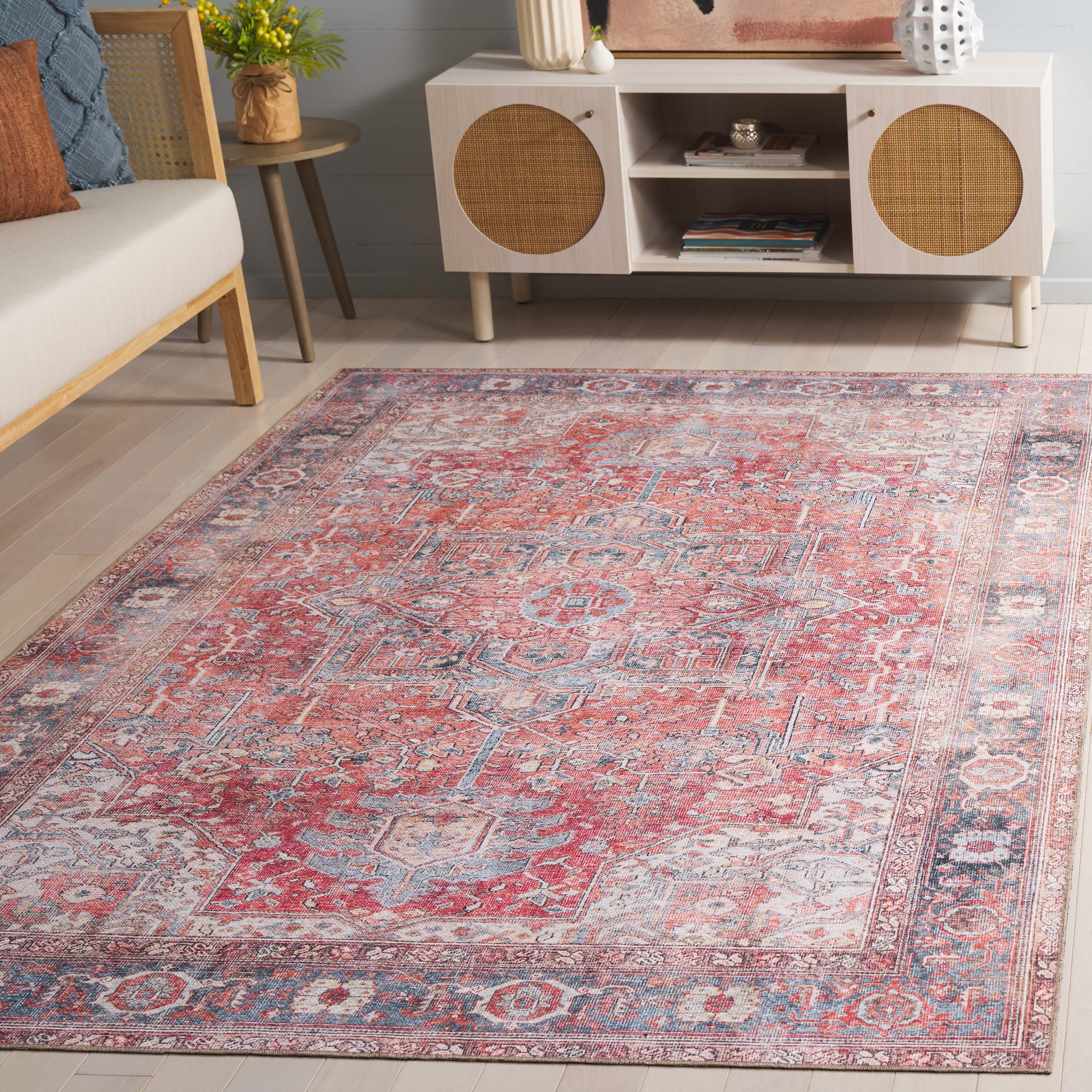 SAFAVIEH Vintage Serapi Neasa Medallion Machine Washable Area Rug, Red Orange/Grey, 5'1" x 7'6"