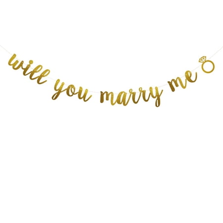 Will You Marry Me Gold Glitter Banner, Engagement Party Decoration with Diamond Ring