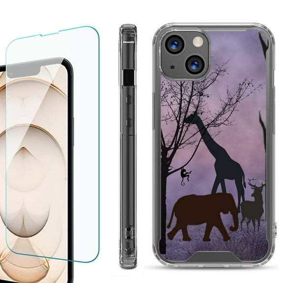 Shockproof Bumper Phone Case for iPhone 13, with Tempered Glass Screen Protector, by OneToughShield ® - Twilight Safari