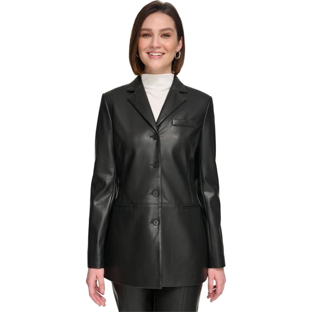 Calvin Klein Womens Faux Leather Blazer Jacket, black, 4
