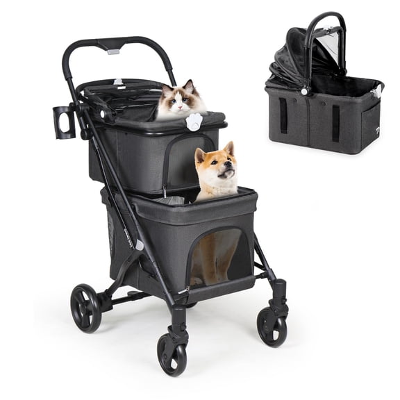 Foldable Double Pet Stroller with Detachable Carrier for 2 Small Medium Cats Dogs Lightweight Pet Stroller Portable Compact for Car Travel Easy Assembly Jogger Double Dog Stroller (T1-Black)