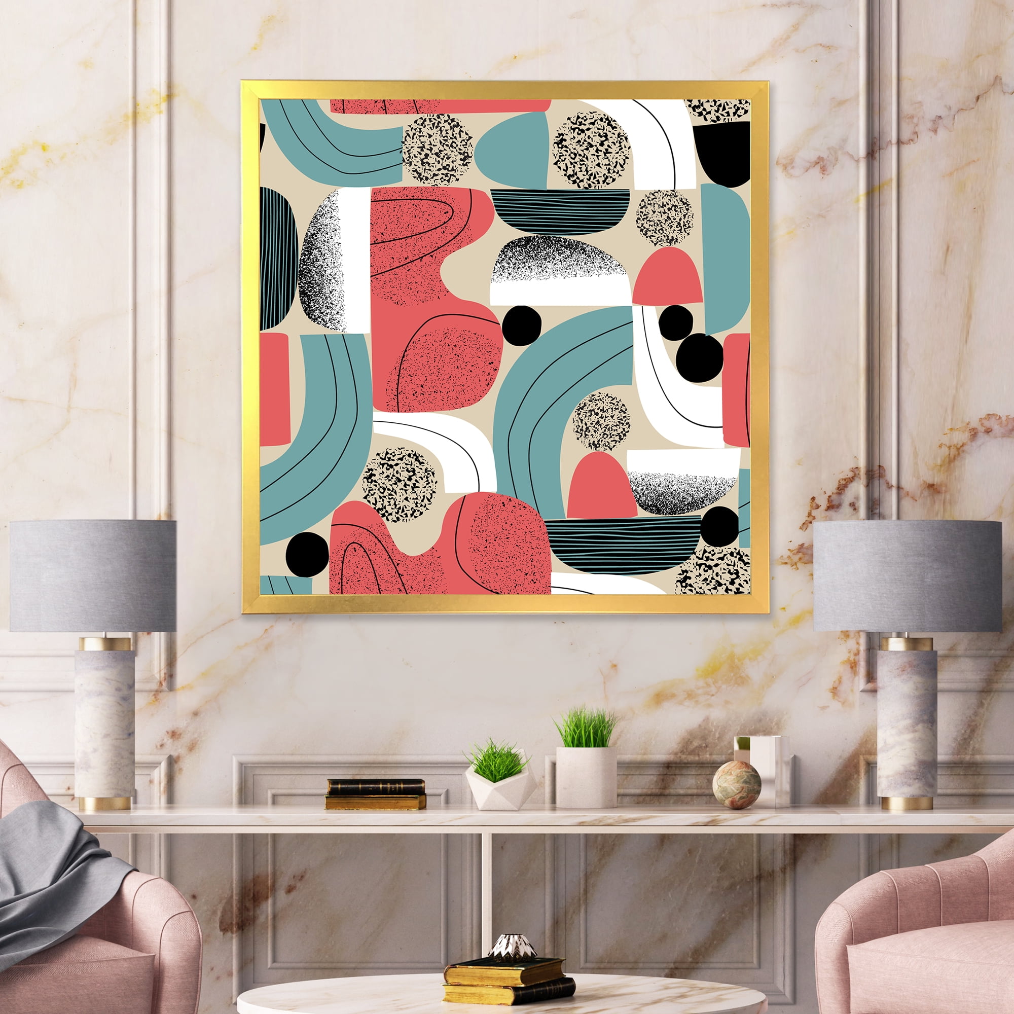 Designart 'Retro Shapes With Abstract Moons and Suns III' Modern Framed Art Print