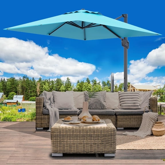 Memoryfield Large Patio Cantilever Umbrella, 10' X 10' Heavy Duty Aluminum Outdoor Cantilever Offset Umbrella with 360-Degree Rotation for Backyard, Deck, Pool, Turquoise Blue