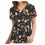 Mchoice Women's Halloween Print Stretch Scrub Top with Pockets V-Neck Comfy Scrub Shirts Tunic Top