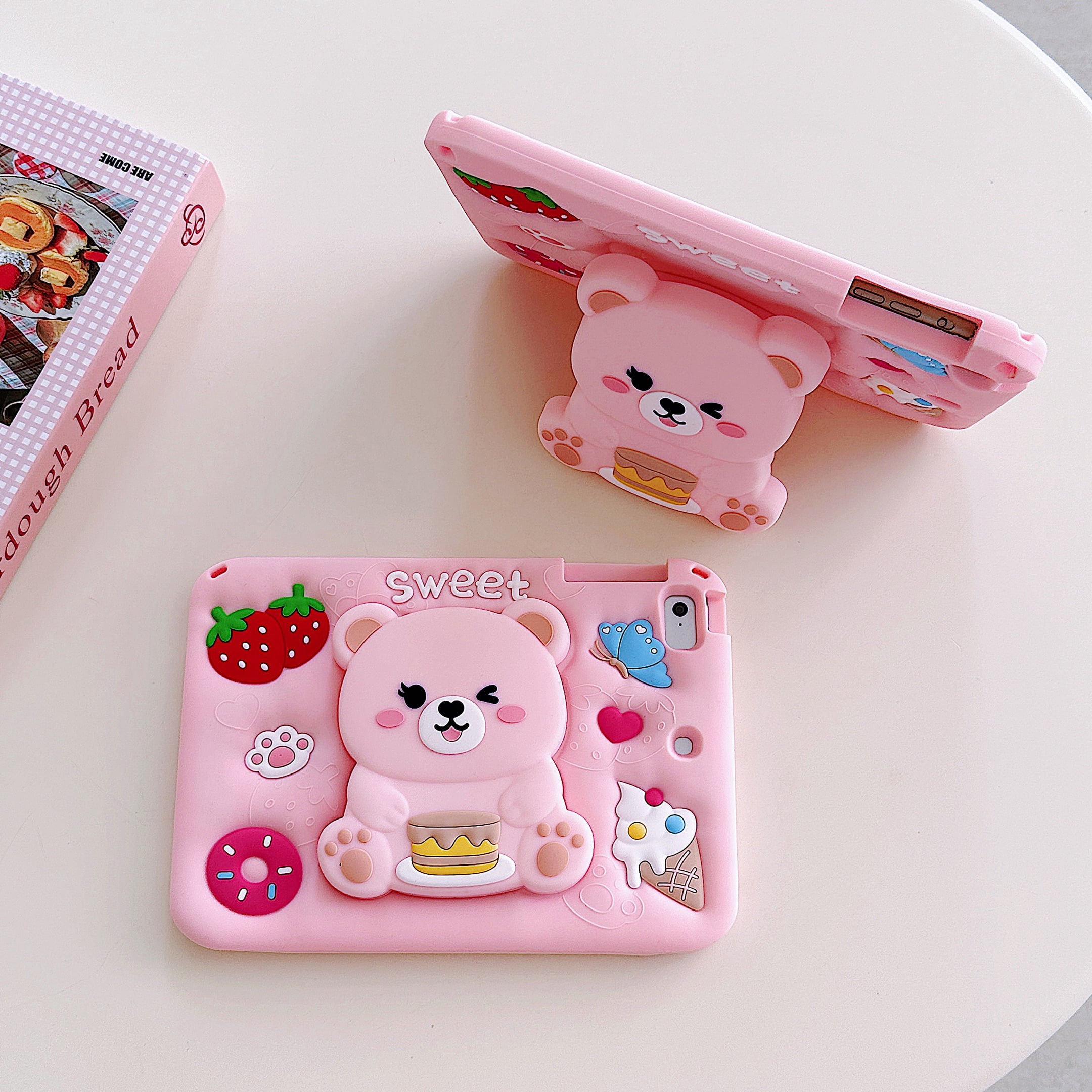 Dteck for iPad mini 5/4/3 Generation 7.9" Case with Pencil Holder, Soft Silicone Cute Cartoon for 7.9 Inch iPad mini with Shoulder Strap Foldable Stand for Kids Boys Girls,Pink Bear