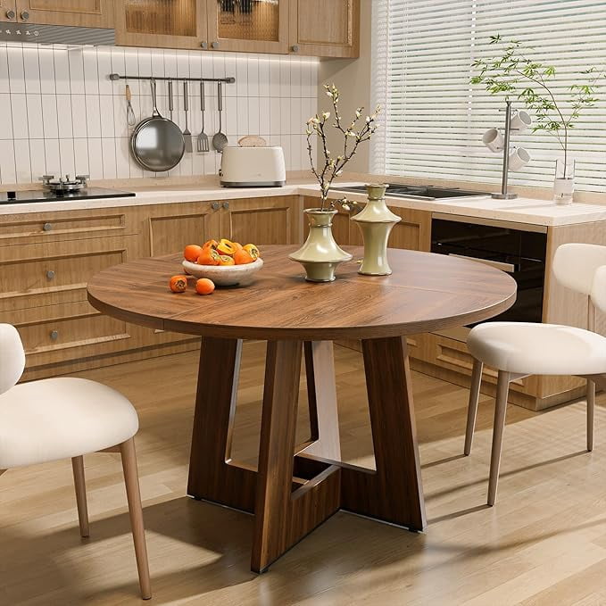 Gelloan 47" Round Dining Table for 4-6 Persons, Modern Farmhouse Wooden Kitchen Table for Dining Room Kitchen,Brown (Only Table)