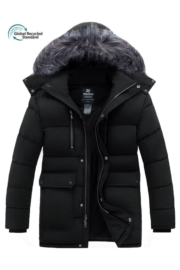 Men's Recycled Winter Thicken Jacket Insulated Winter Military Parka Jacket with Faux Fur Hood Black XL