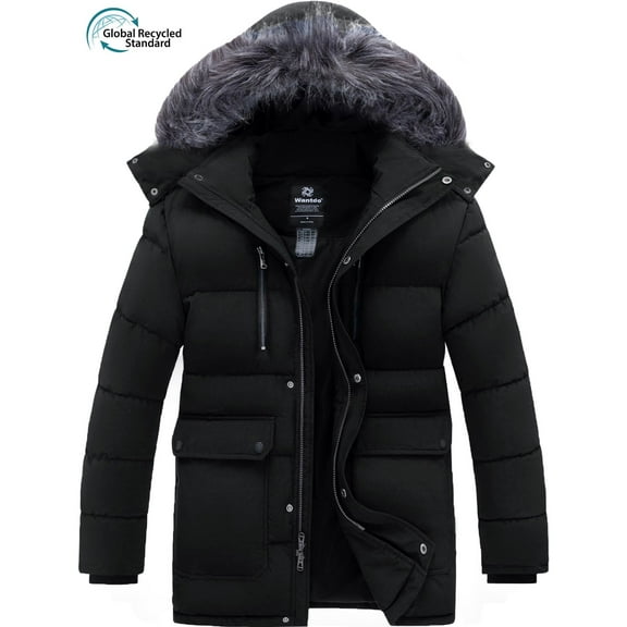 Wantdo Men's Recycled Thicken Winter Coat Mid-length Puffer Winter Parka Jacket with Detachable Hood Black L