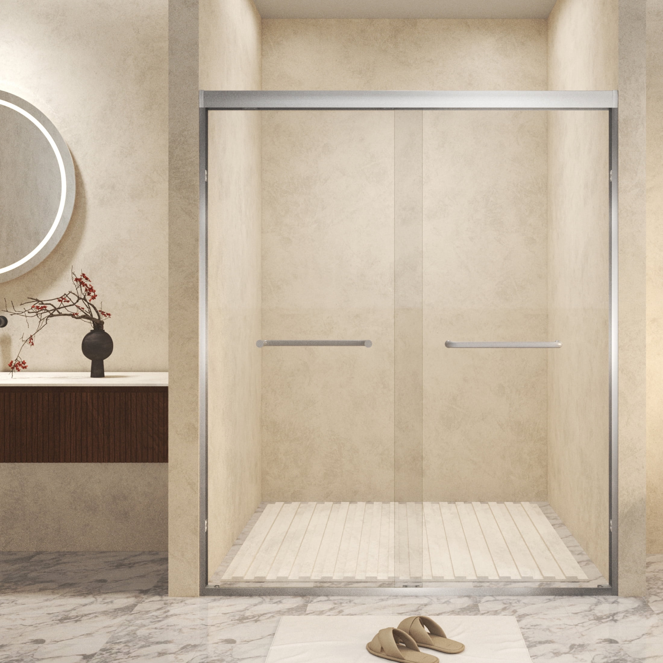 Noble House 54"x72" Double Sliding Shower Door, Aluminum Frame with Tempered Glass, Brushed Nickel Finish