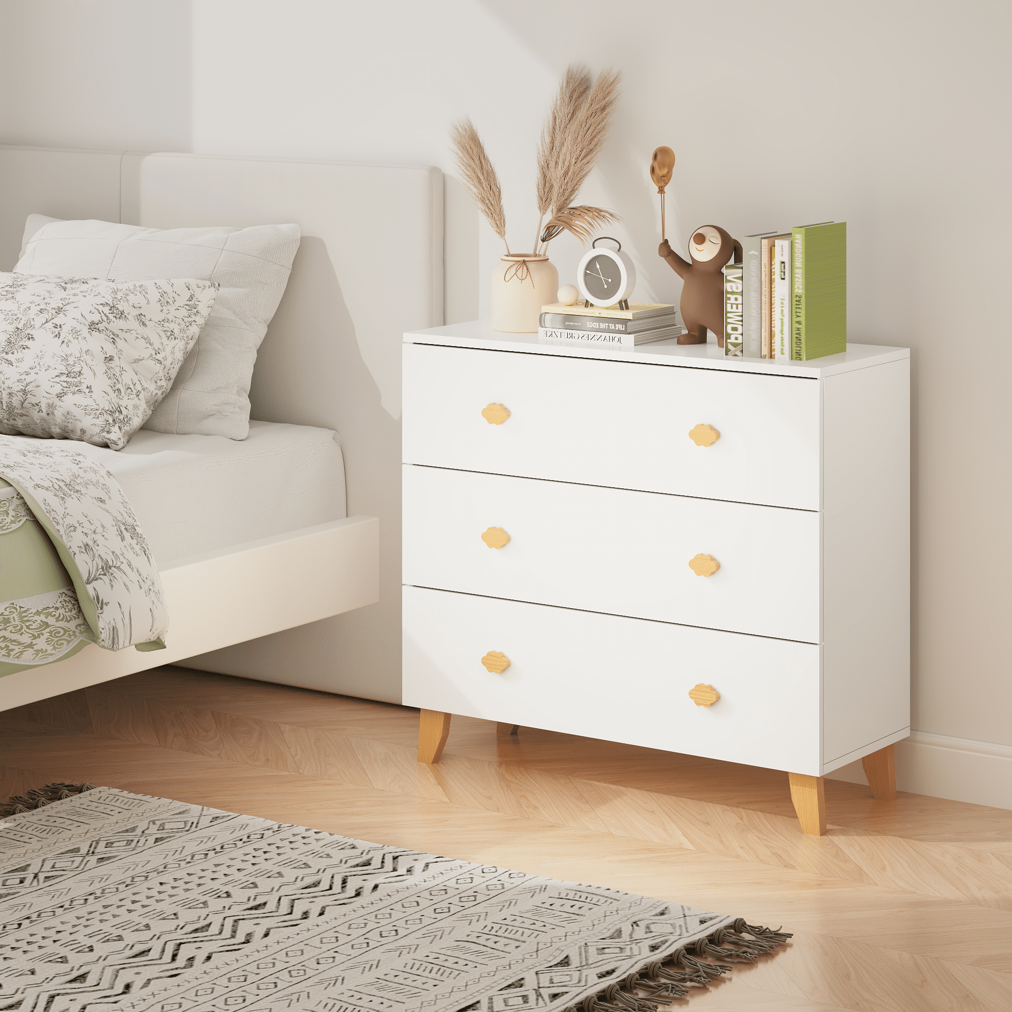 White Kids Dresser with Handles 3 Drawers Pine Legs Nursery Bedroom Storage