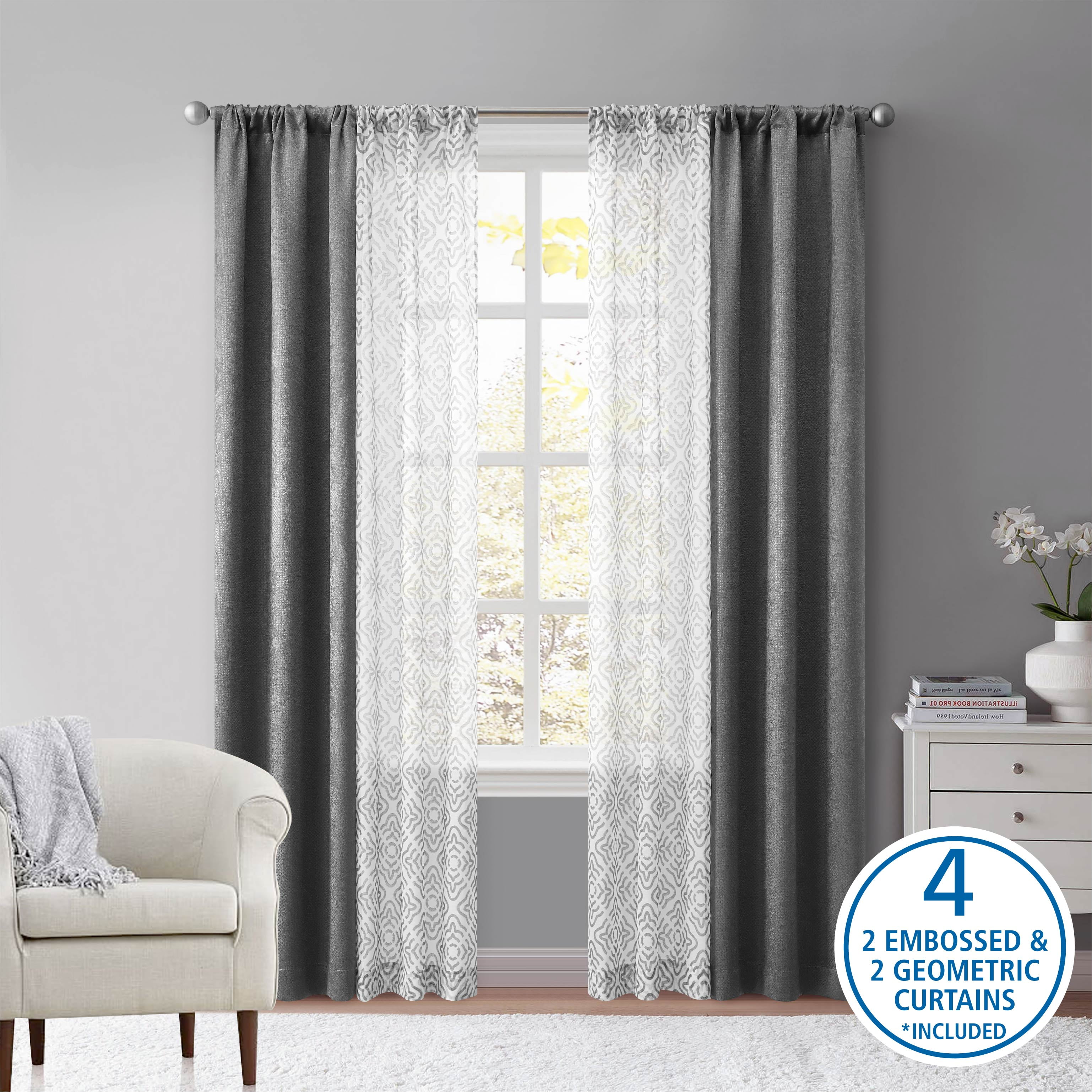 (2 pack) Mainstays Metallic Blackout Curtains and Sheers Set, 4 Panels, Soothing Gray, 27.5" W x 84” L