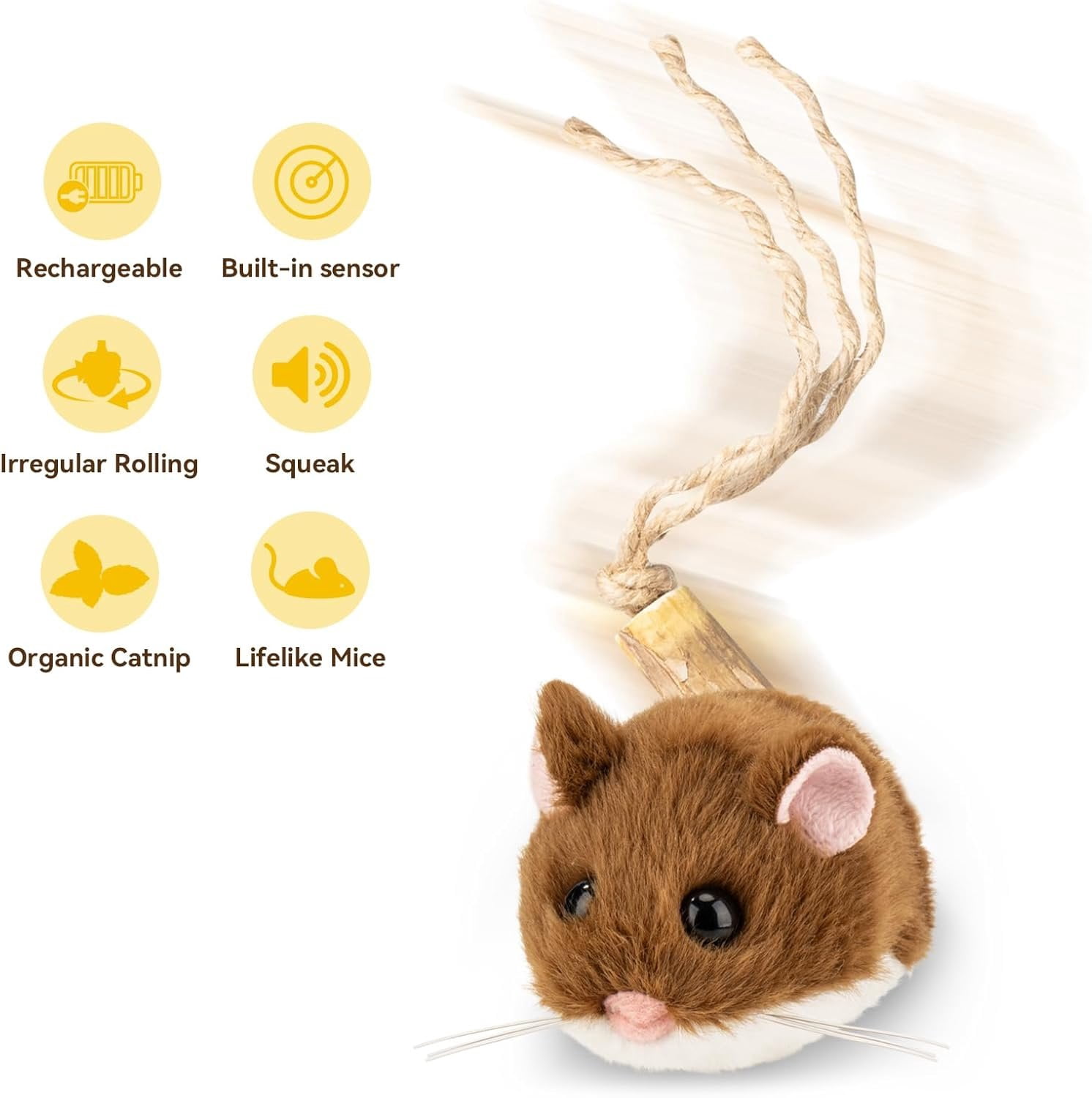 Interactive MigiMouse   360? Rolling & Spin with Wiggling Tail for Indoor Cats  Motion Sensor, Realistic Squeak, Rechargeable Plush Kitten  (Brown)