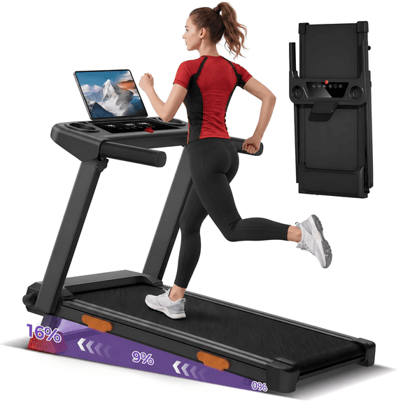Under Desk Walking Pad with Handle Bar & Cup Holder, 3-Level Incline Foldable Treadmill for Home Office, Quiet 2.5HP Brushless, LED Display Walking Treadmill, 300 LBS Capacity