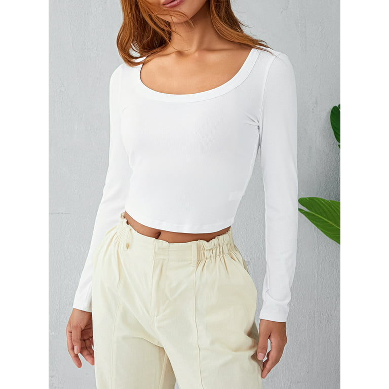 Slashed Long Sleeve White Crop Top, Crop Tops for Women, Cropped