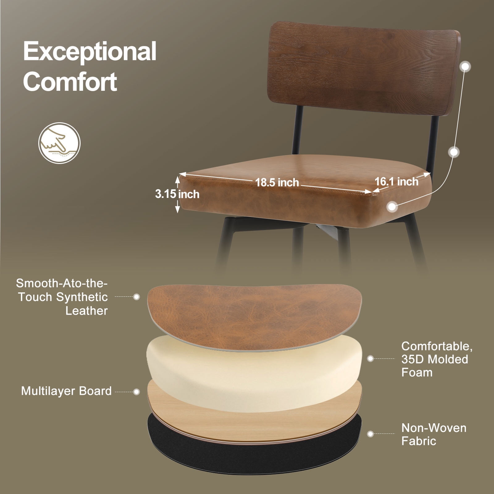 Foreate Swivel Bar Stools, 26" Counter Height Set of 2 with Wood Mid Back, Modern Mid Century Leather Bartools Upholstered Bar Chair for Kitchen Island Dining Room Office