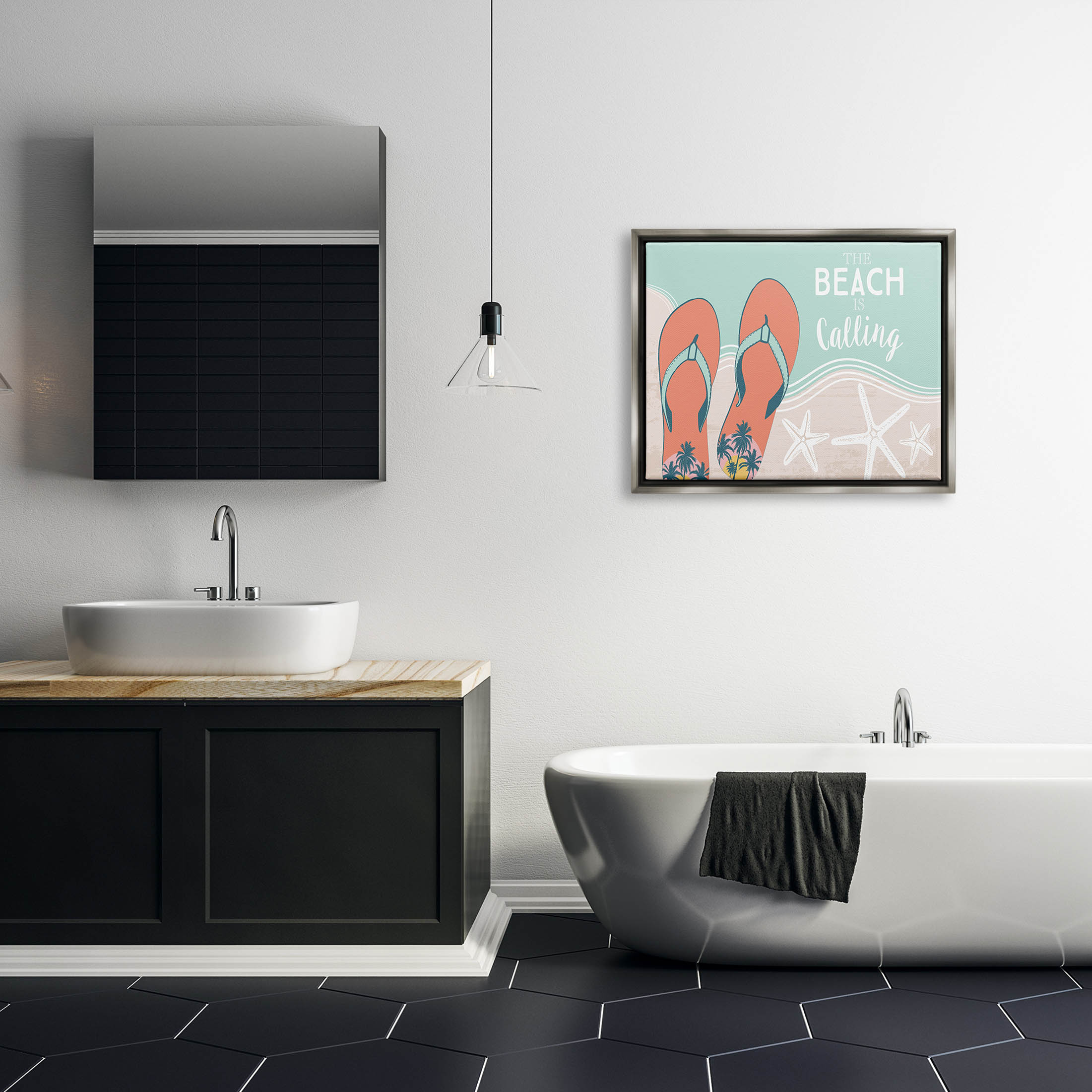 Stupell Industries Beach Is Calling Flip Flops Shore Graphic Art Luster Gray Floating Framed Canvas Print Wall Art, Design by Arrolynn Weiderhold