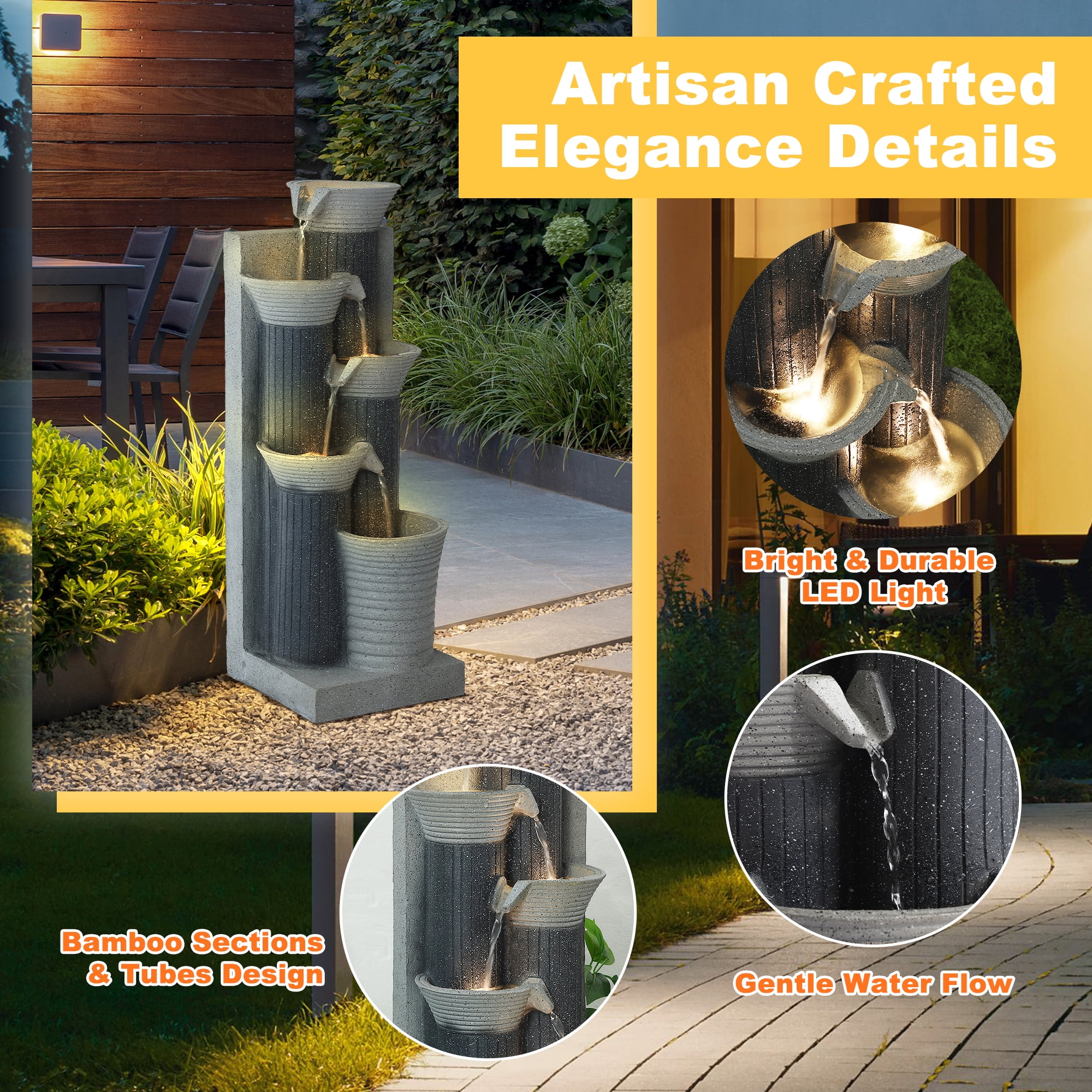 Magic Union Outdoor Water Fountain, 5 Tiers Cascading Waterfall Indoor Water Feature Garden Decor with LED Lights, Fountains Outside Patio Resin for Yard, Deck, Porch and Home, Bamboo Elements