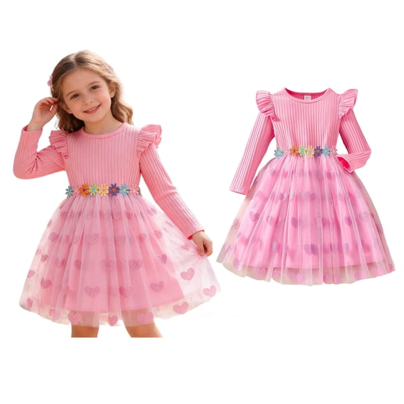 Valentines Day Dress for Girls Long Sleeve Tutu Dress Girls Ruffle Tulle Dresses Girls Spring Dresses Girl Dresses Size 6-7 Years