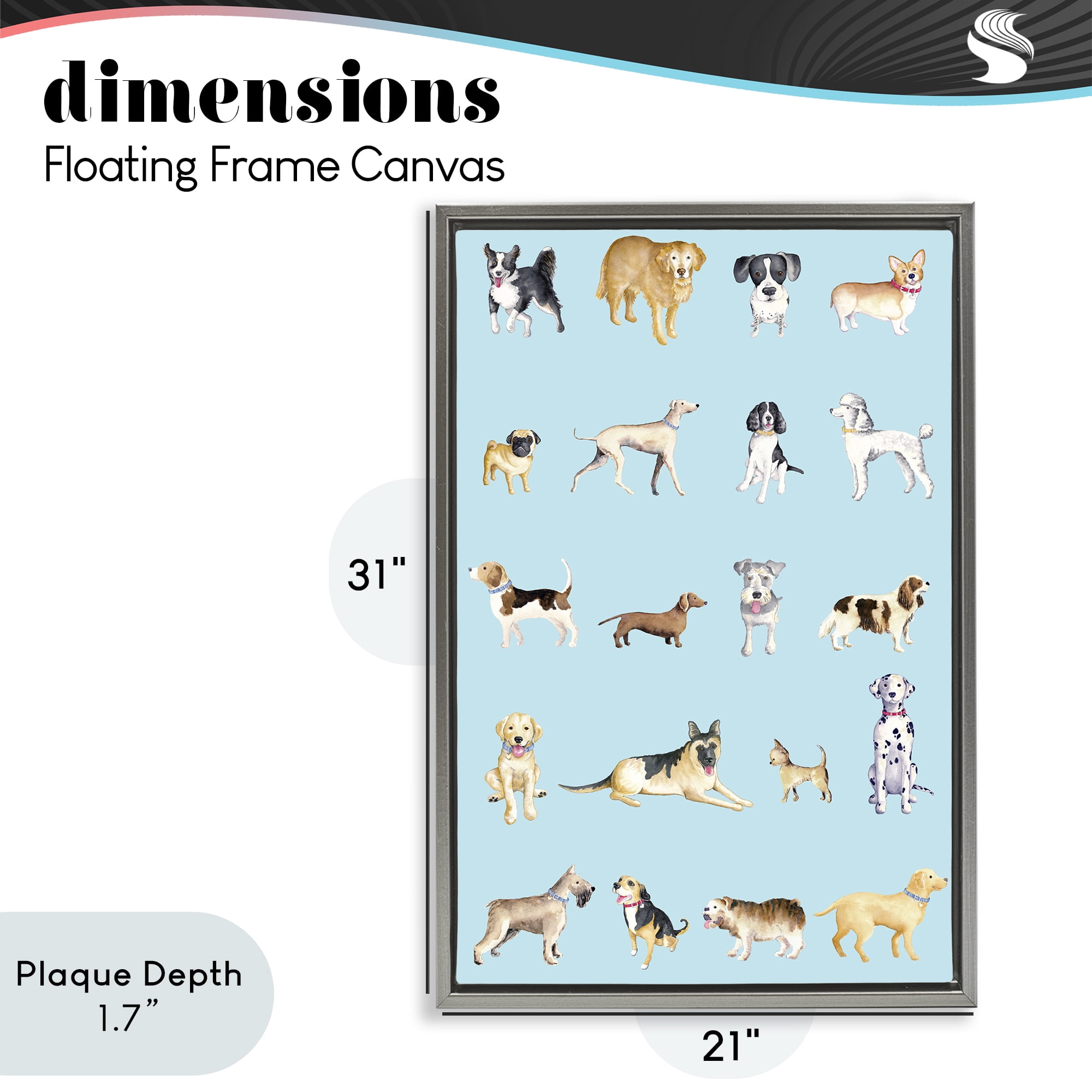 Stupell Industries Dog Breeds on Blue Gray Framed Floater Canvas Wall Art, design by Andi Metz