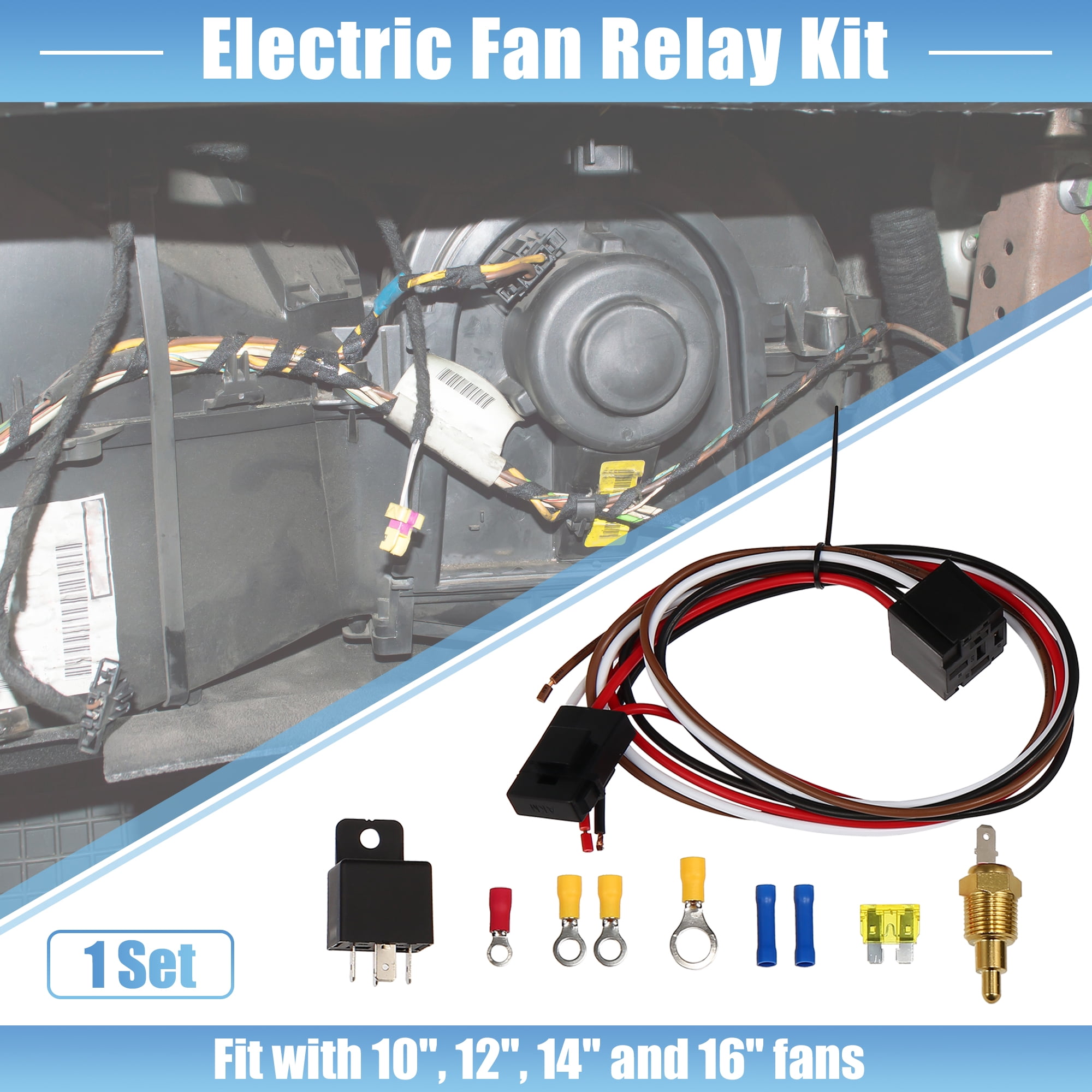 Complete 12V Electric Fan Wiring Harness Kit Relay 60AMP Thermostat 185