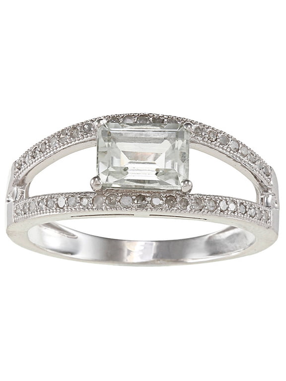 Sterling Silver Emerald-cut Green Amethyst and Split-Shank Diamond Ring