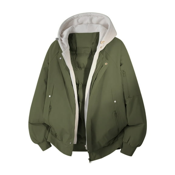 Handshe Men's Heavyweight Cotton Jacket, Solid Color Long Sleeve Hooded Mock Two-Piece Design for Winter Warmth, Daily Wear and Outdoor Activities