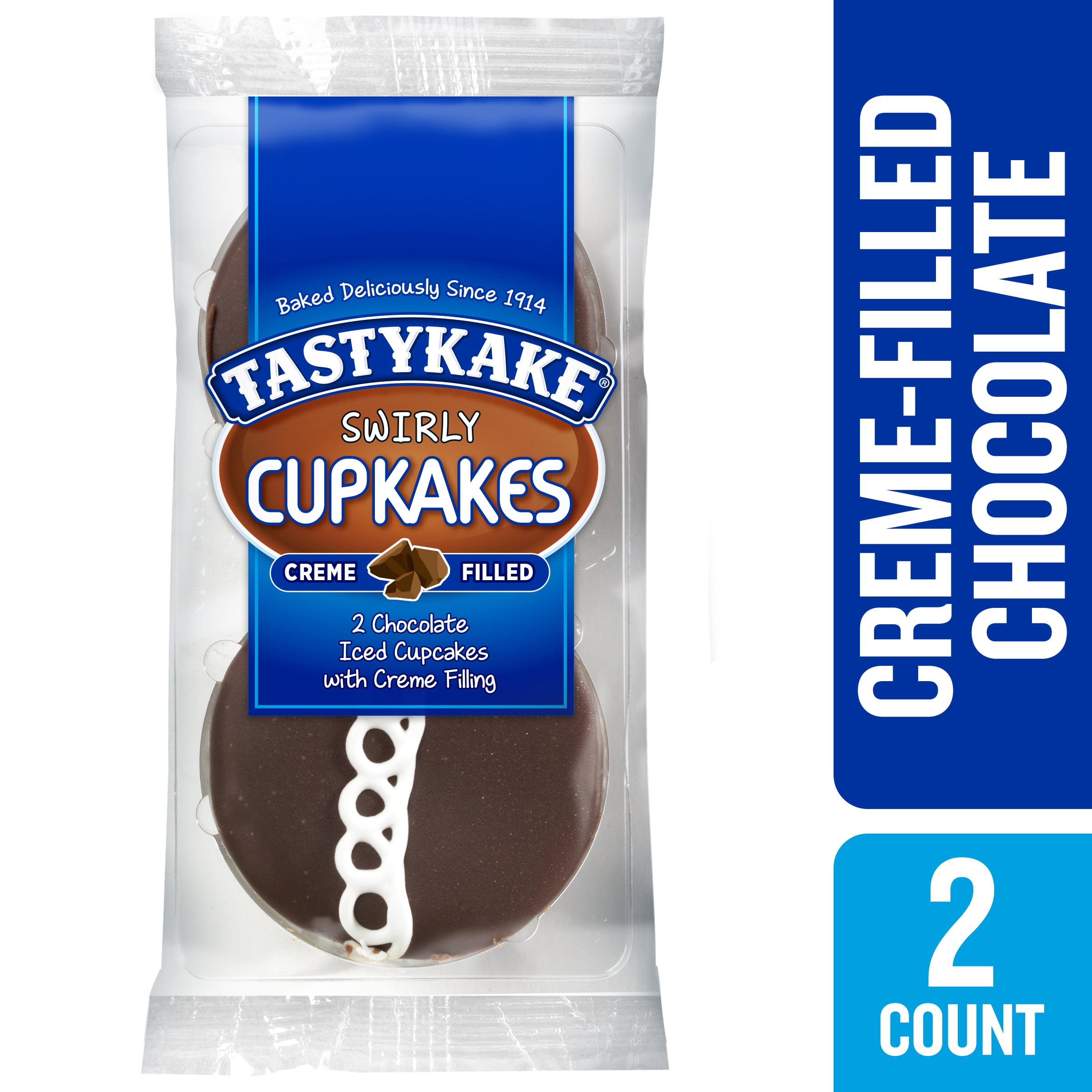 Tastykake Swirly Chocolate Cupkakes, 2 Creme Filled Chocolate Cupcakes