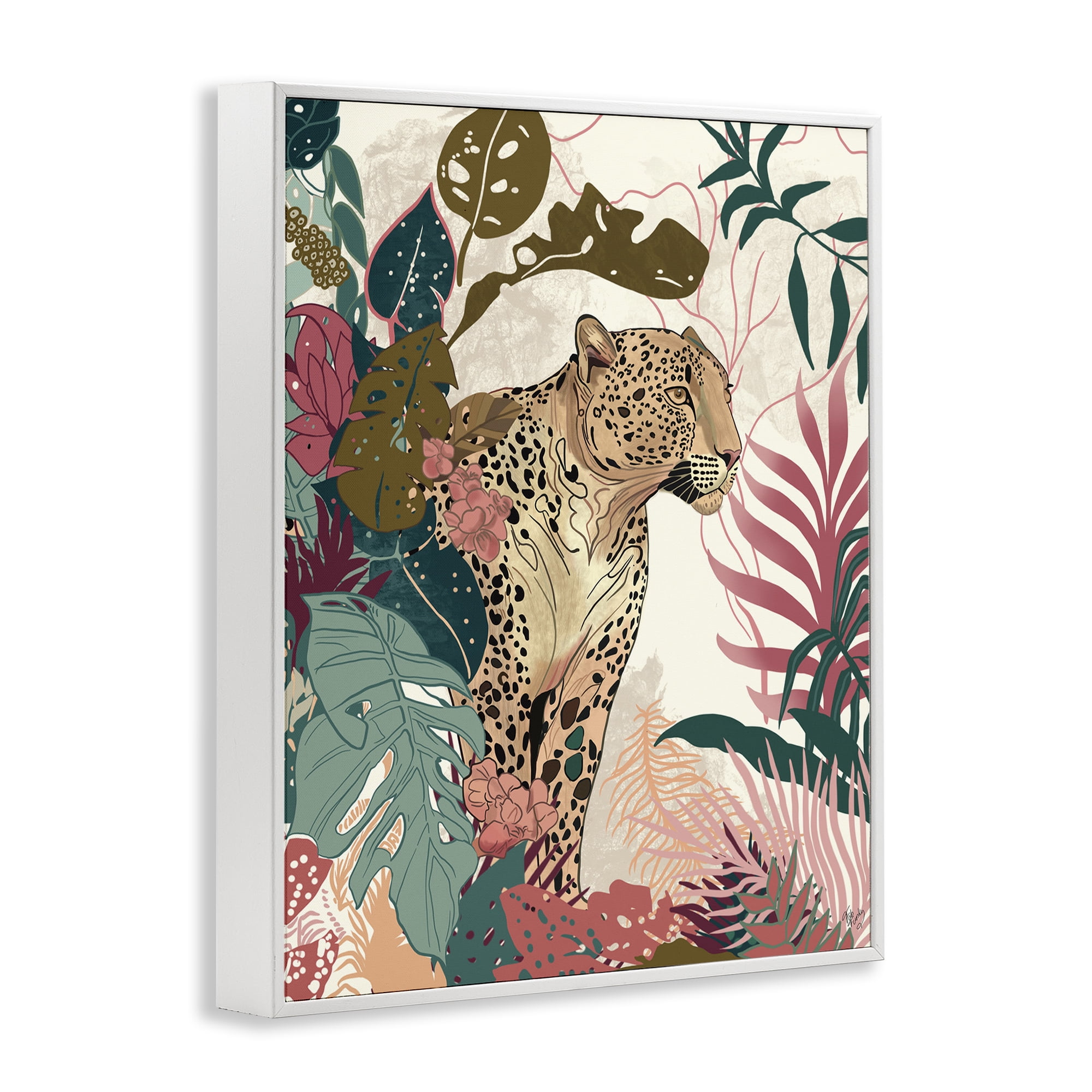 Stupell Industries Cheetah Tropical Leaf Pattern Animals & Insects Painting White Framed Art Print Wall Art, 11 x 14
