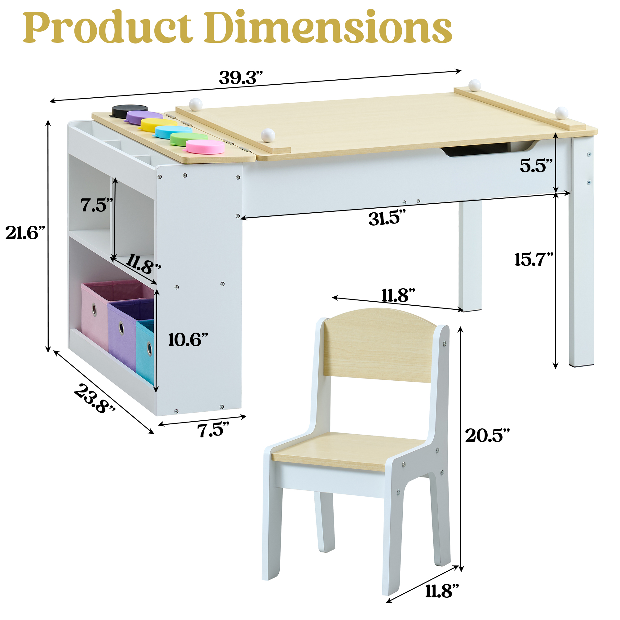 Kids Art Table Set with Chairs, 3-in-1 Kids Art Easel & Craft Desk for Coloring Drawing, Activity Table with 6 Paint Cups, 6 Storage Bins & Paper Roll Holder