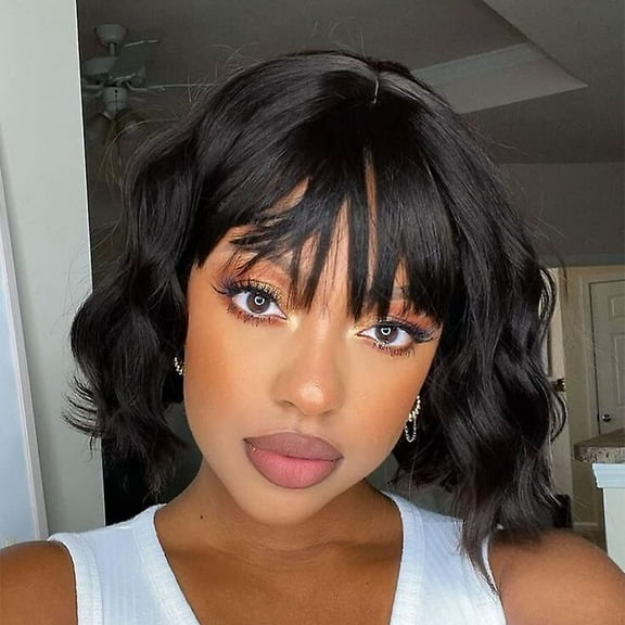 DOPI Bob Wigs with Bangs for Women Black Mixed Brown Short Wavy Bob Curly Wig Synthetic Natural Looking Heat Resistant Fiber Wig(2Pack)