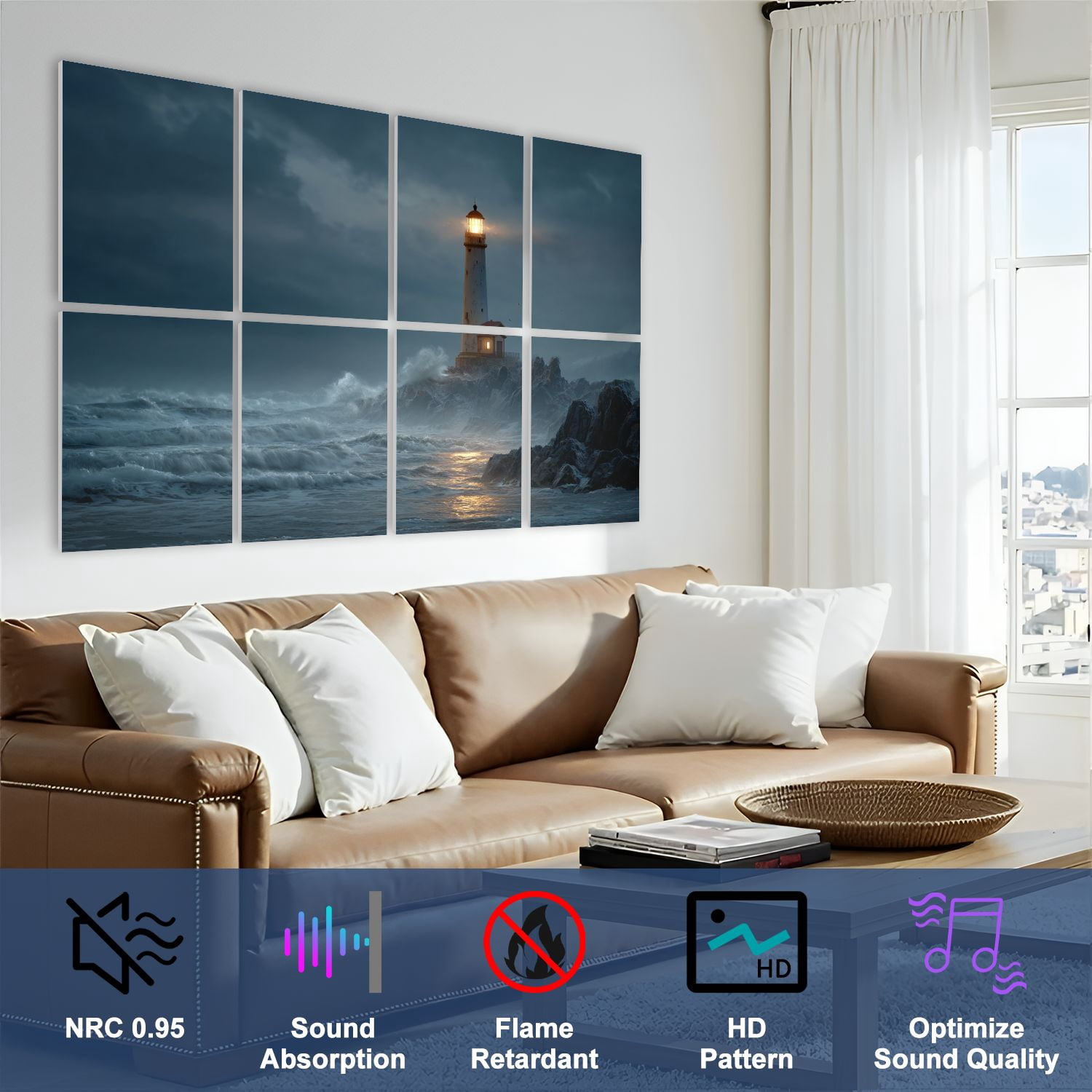 8 Pack Art Acoustic Panels Sound Absorbing Stormy Lighthouse Scene Mist Motion Blur Decorative Soundproof Wall Panels Self Adhesive for Nursery Game Room Bedroom 48"x32"