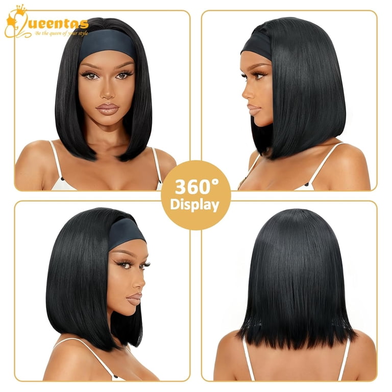 Queentas 10 Inch Short Black Bob Headband Wig for Women 
