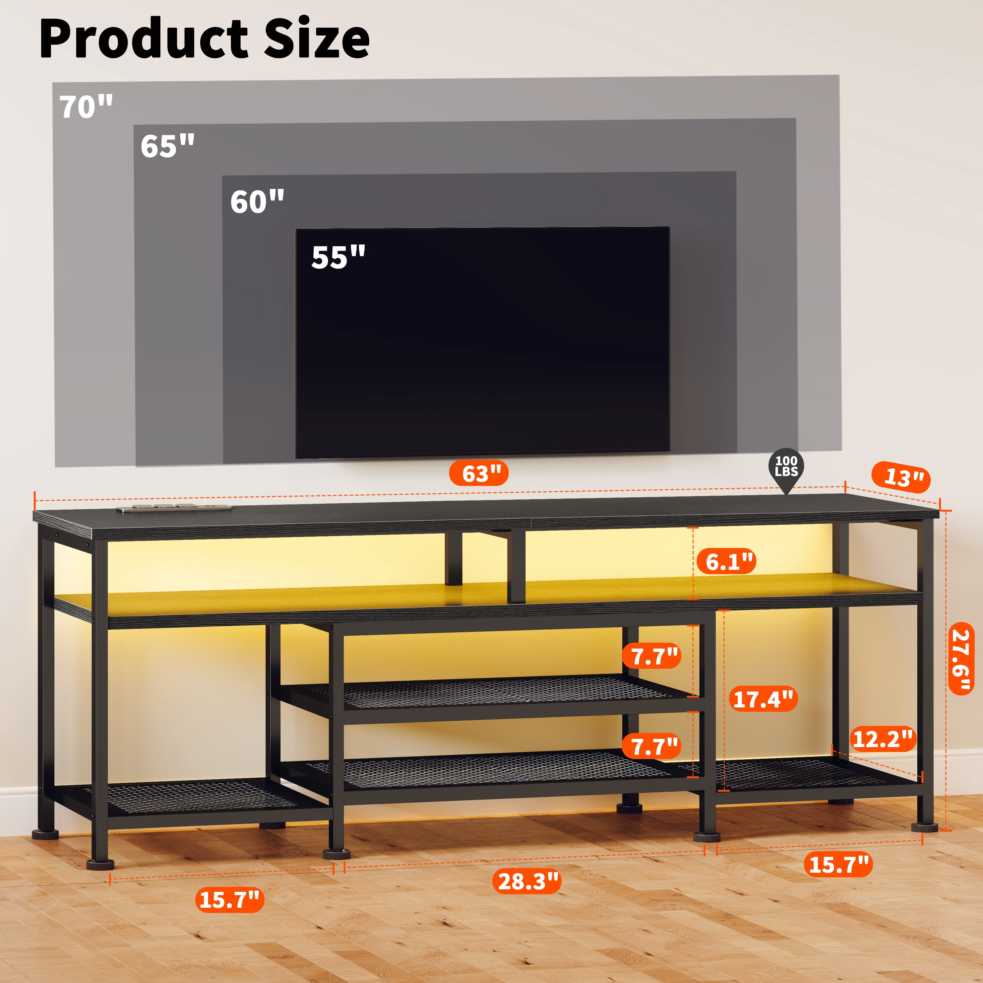 Tydimor Modern TV Stand for TVs up to 70", Media Console with Storage for Living Room, LED Entertainment Center with Outlets, Black