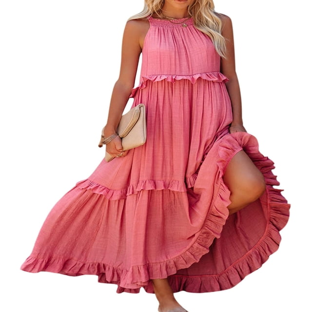Femmes Été Robes Lâches Couleur Unie Col Carré Sans Manches Décontracté Robe d'Une Seule Pièce avec Ourlet à Volants pour Dames S / M / L