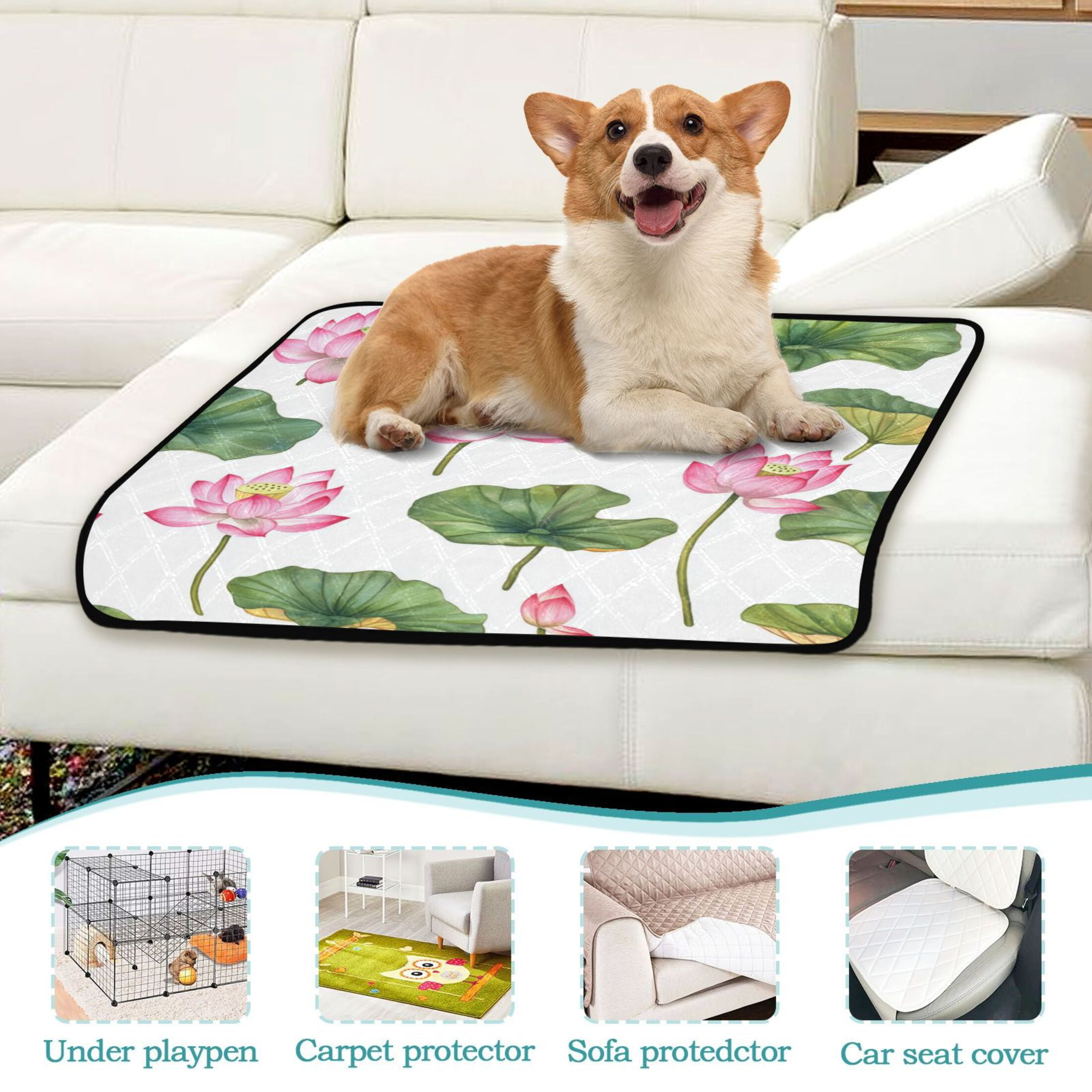 Washable Pet Pee Pads with Super Absorbent Reusable Training Pads for Dogs & Cats Pink Lotus Flowers