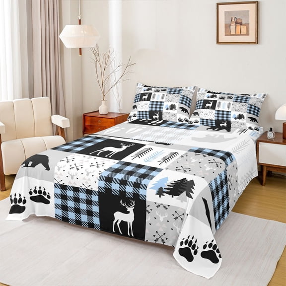Castle Fairy Teens Safari Deer Bear Twin Sheet Sets,Geometric Plaid Bedding