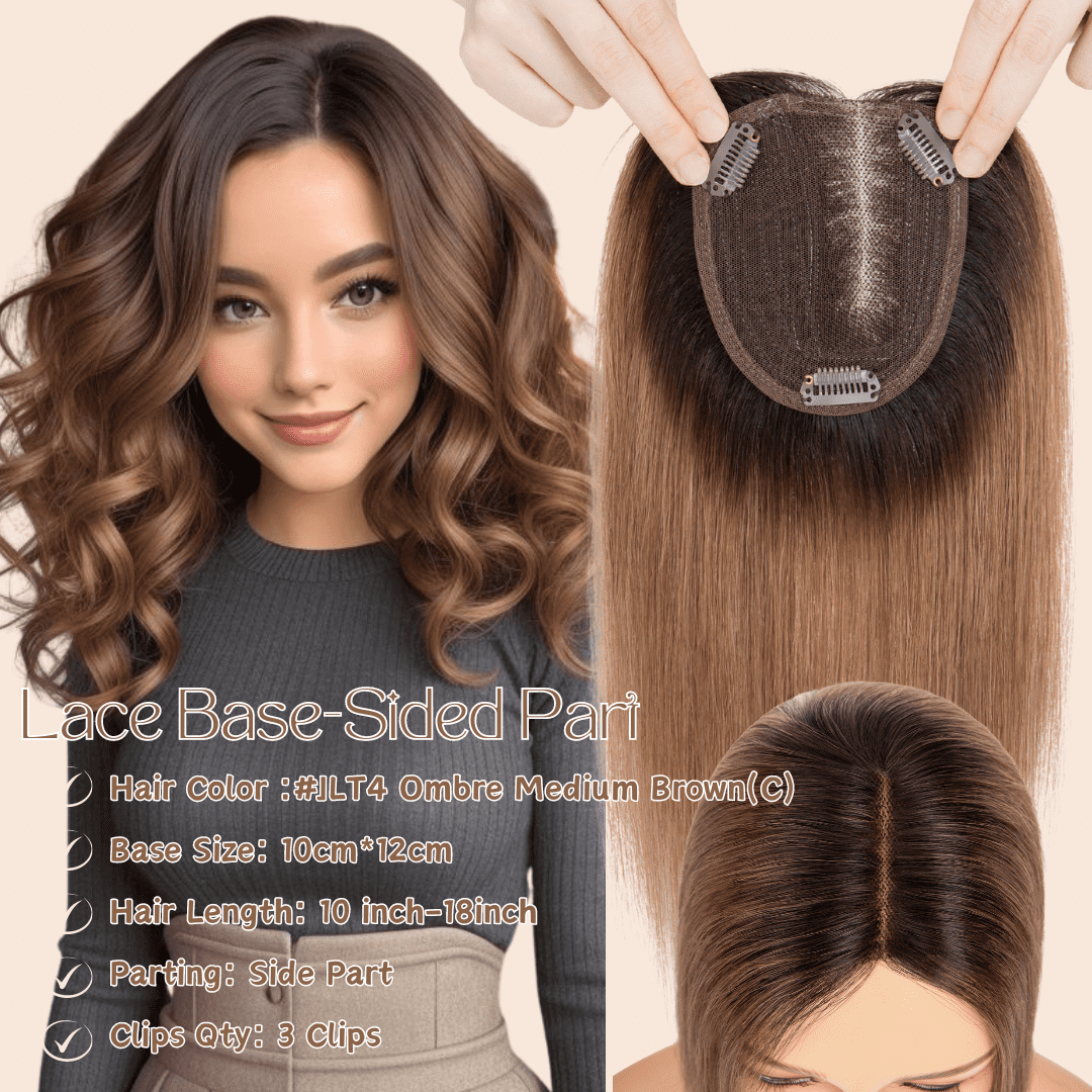 Benehair 10*12cm Side Part Clip In Hairpiece 100% Remy Real Human Hair Topper Hair Piece Wigs Handtied Lace Base For Woman Thin Hair Loss Top Piece Ombre Balayage 10inch