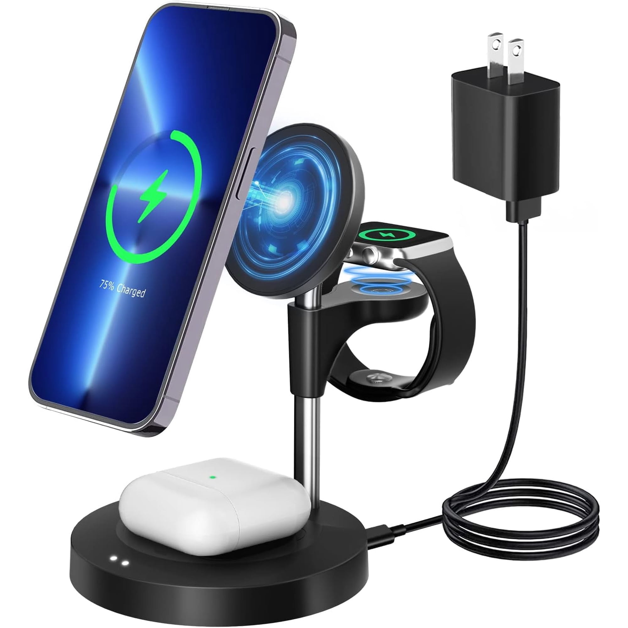 delpattern 3-in-1 Wireless Charger Station, Fast Charging Dock for iPhone 14/13/12, Apple Watch, AirPods (Black)