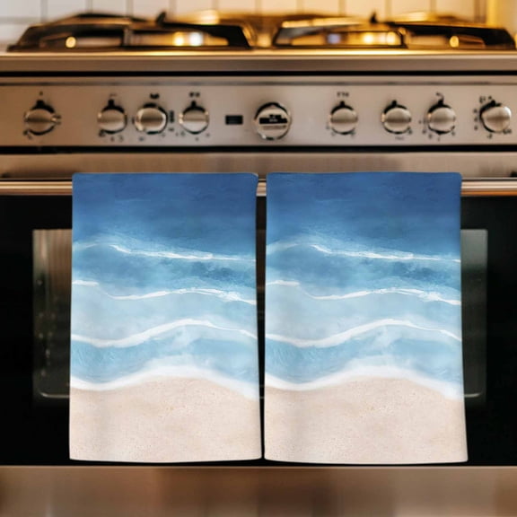 Navy Blue Coastal Kitchen Towels Set of 4, Waves Summer Beach Ocean Sea Absorbent Dish Towels for Kitchen, Microfiber Hand Towel, Quick Drying Tea Towel for Cleaning Decorative Dishcloths