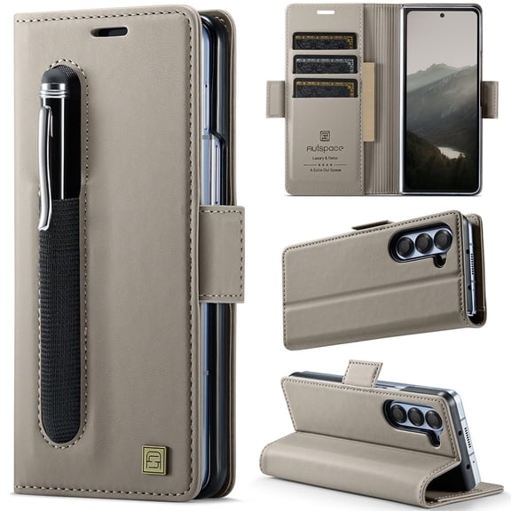 for Samsung Galaxy Z Fold 7 Wallet Case with RFID Blocking, Card Slots&Cash Pocket&Stylus Slot, Kickstand PU Leather Magnetic Closure Full Body Protective Flip Classic Dedign for Men Women,Gray