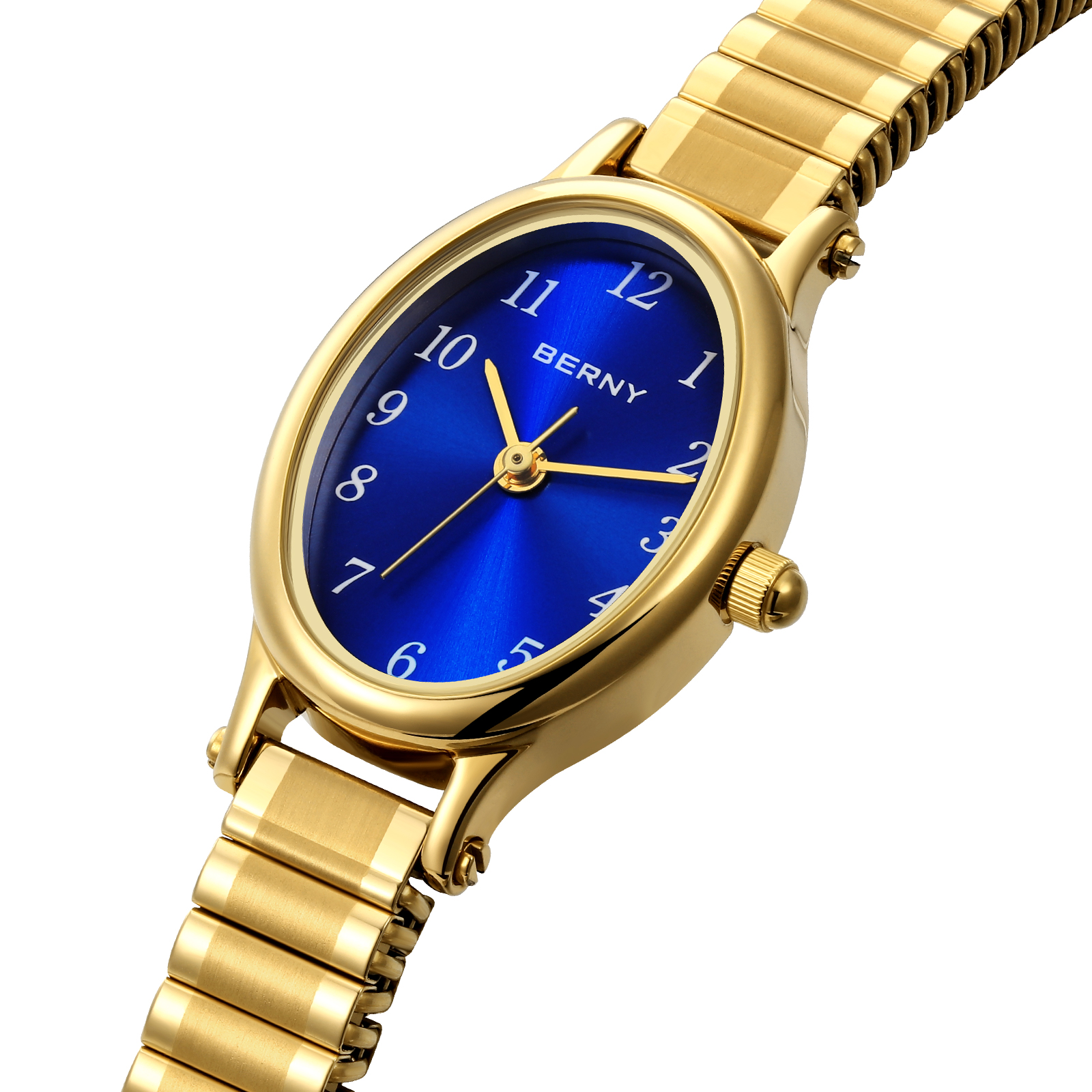 BERNY Gold Watches for Women, Vintage Women's Wrist Watch with Oval Dial, Expansion  Band, 3ATM Waterproof, Dainty Ladies Analog Quartz Watches, Blue